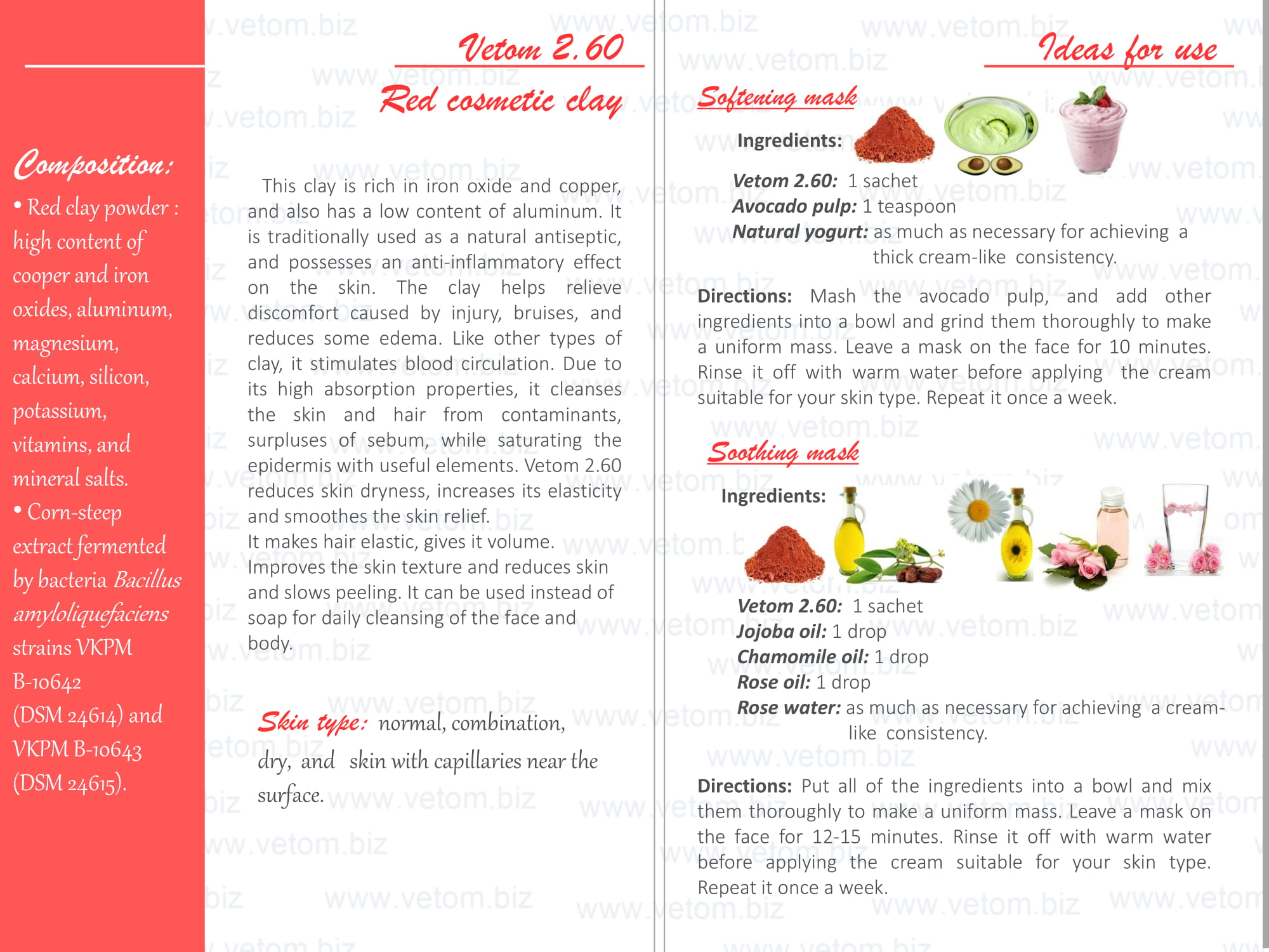 Vetom 2.60 - Red cosmetic clay for normal, combination and dry skin types, and skin with capillaries near the surface. Ideas for use: Softening mask, Soothing mask.